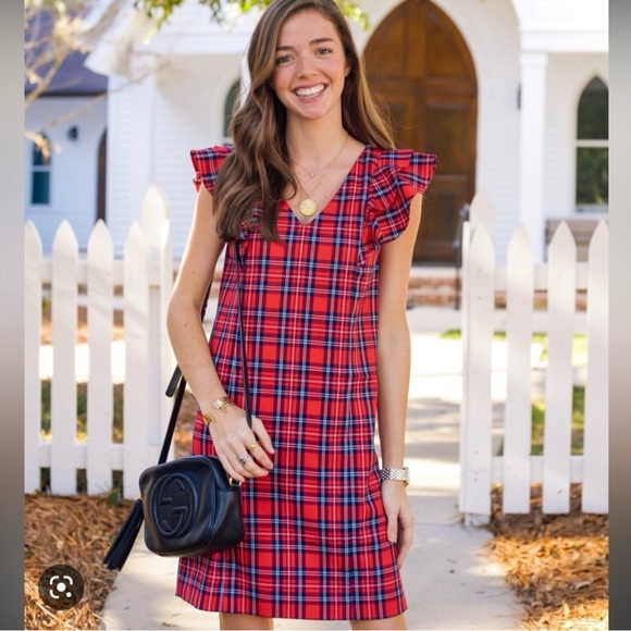 DRAPER JAMES Plaid Ruffle Shoulder Dress Women's Size 2 $150 MSRP Lipstick Red - Picture 1 of 15